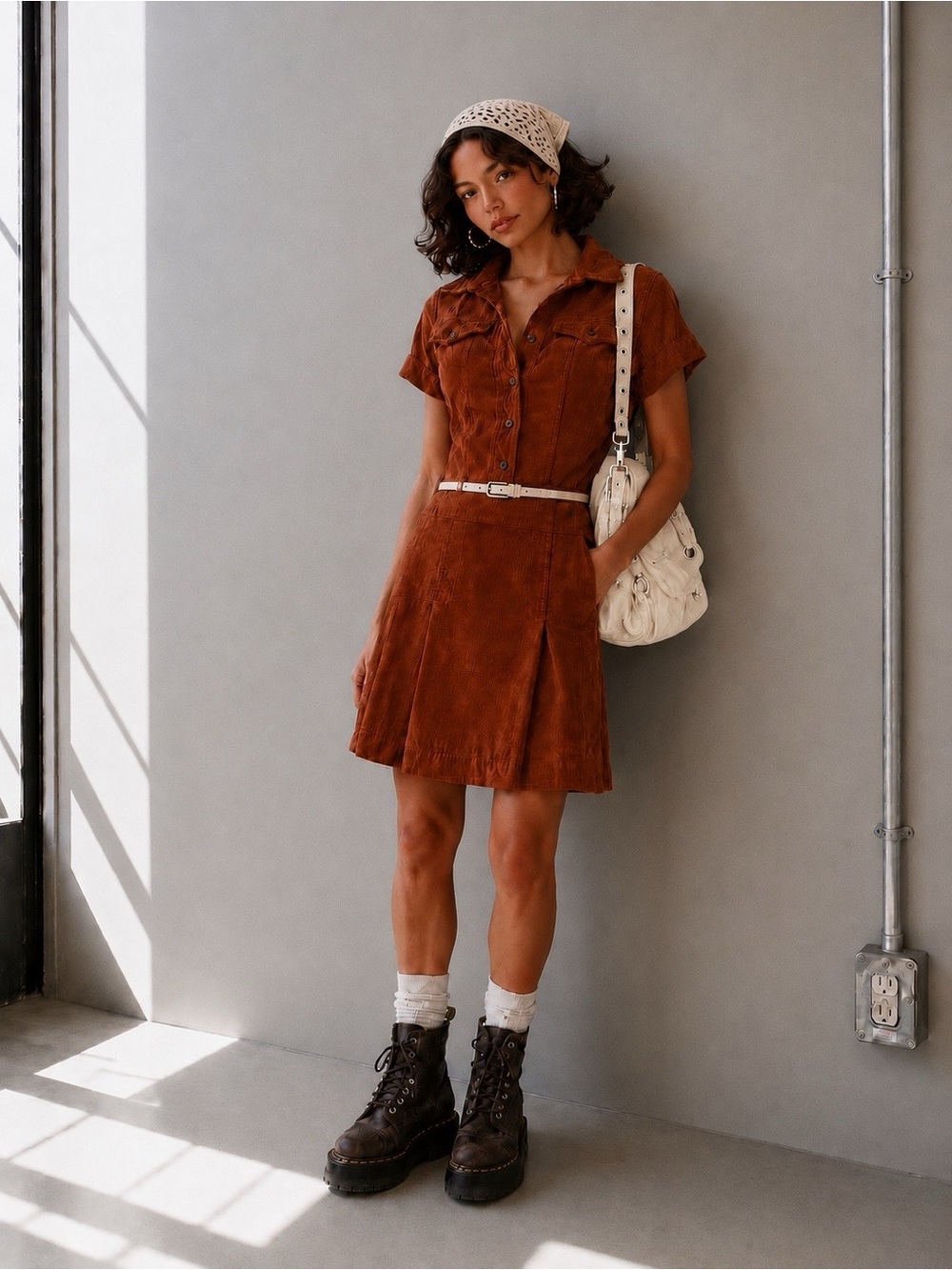 BDG Rust Corduroy Midi Shirt Dress